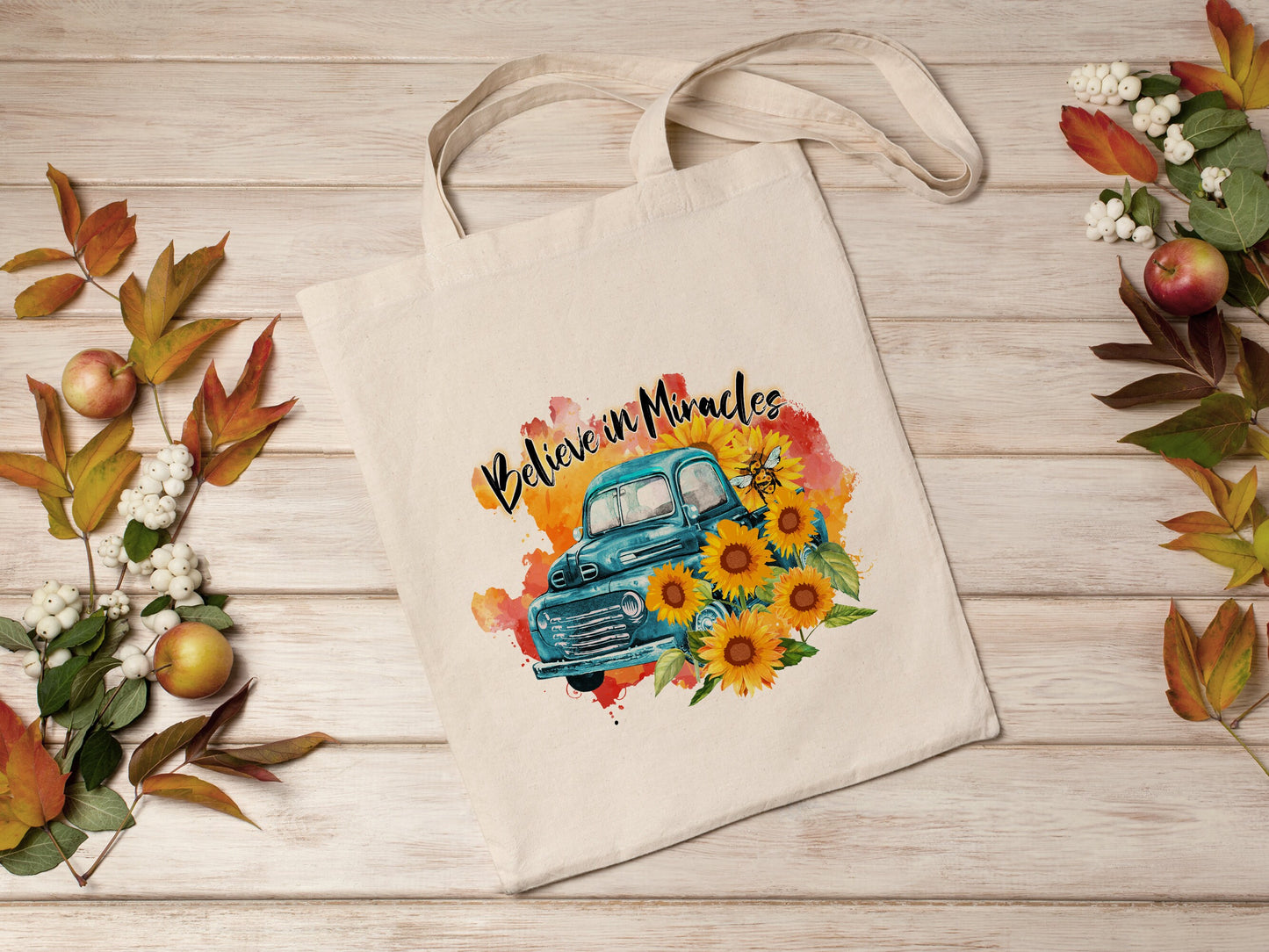 Believe in Miracles Tote Bag Spring Sunflower Cotton Canvas Tote Bag
