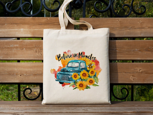 Believe in Miracles Tote Bag Spring Sunflower Cotton Canvas Tote Bag