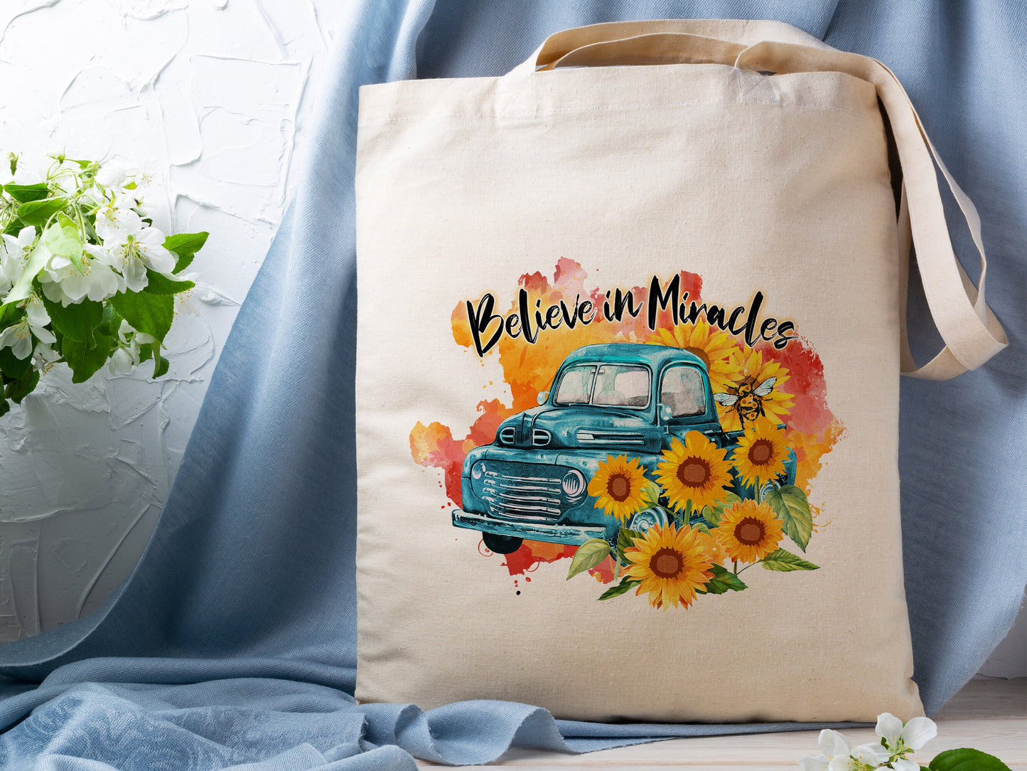 Believe in Miracles Tote Bag Spring Sunflower Cotton Canvas Tote Bag