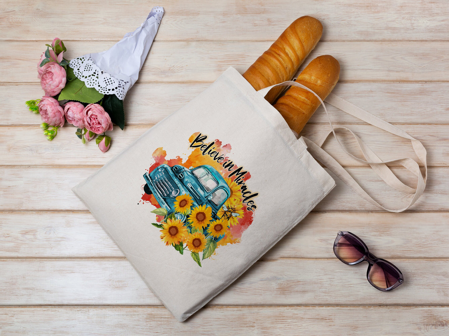 Believe in Miracles Tote Bag Spring Sunflower Cotton Canvas Tote Bag