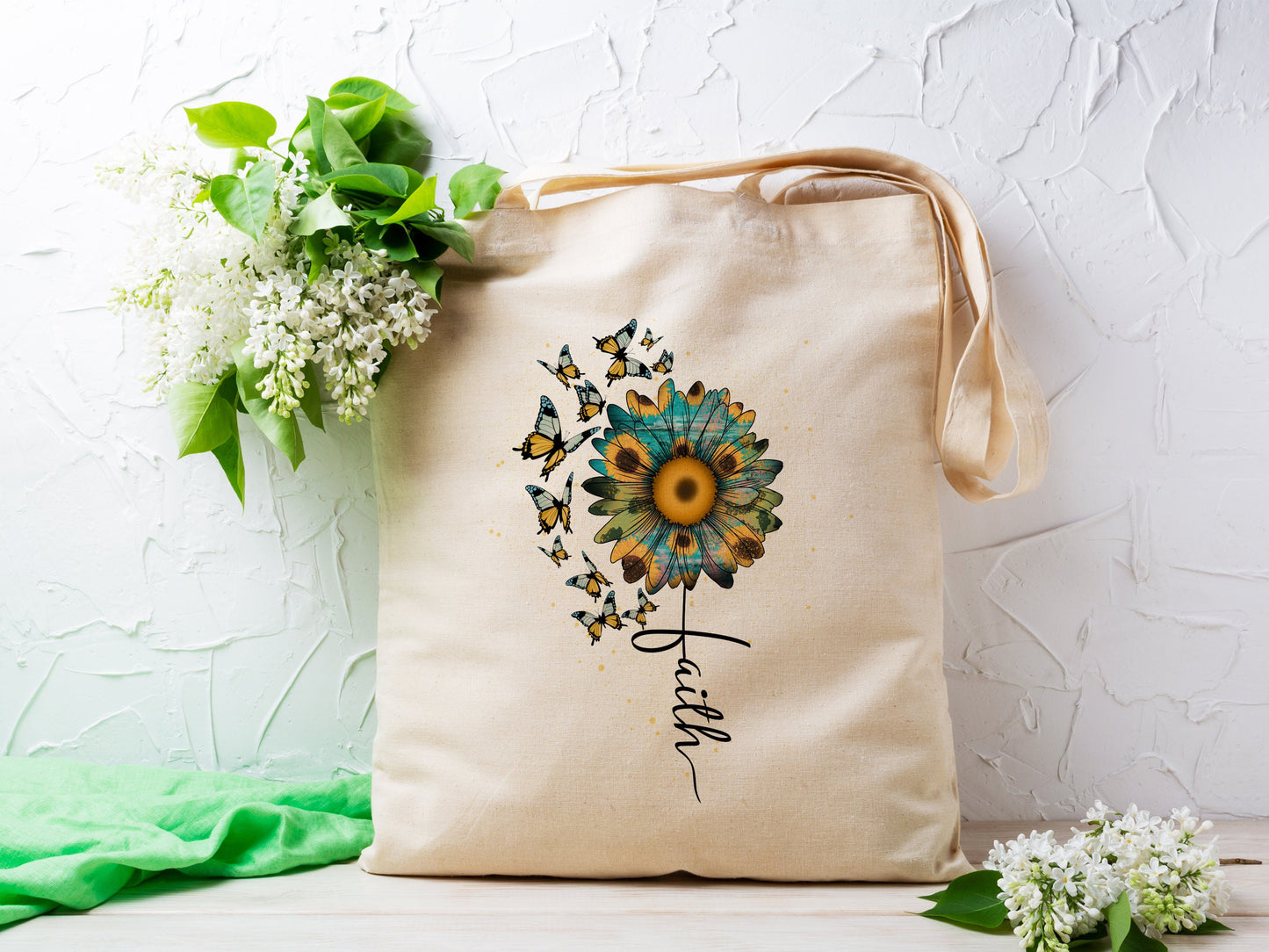 Spring Sunflower and Butterfly Cotton Canvas Tote Bag Spring Butterflies Cotton Canvas Tote Bags