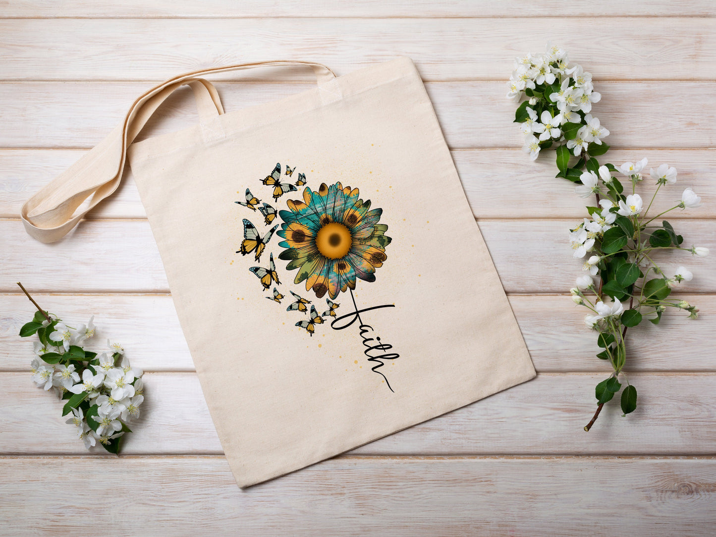 Spring Sunflower and Butterfly Cotton Canvas Tote Bag Spring Butterflies Cotton Canvas Tote Bags