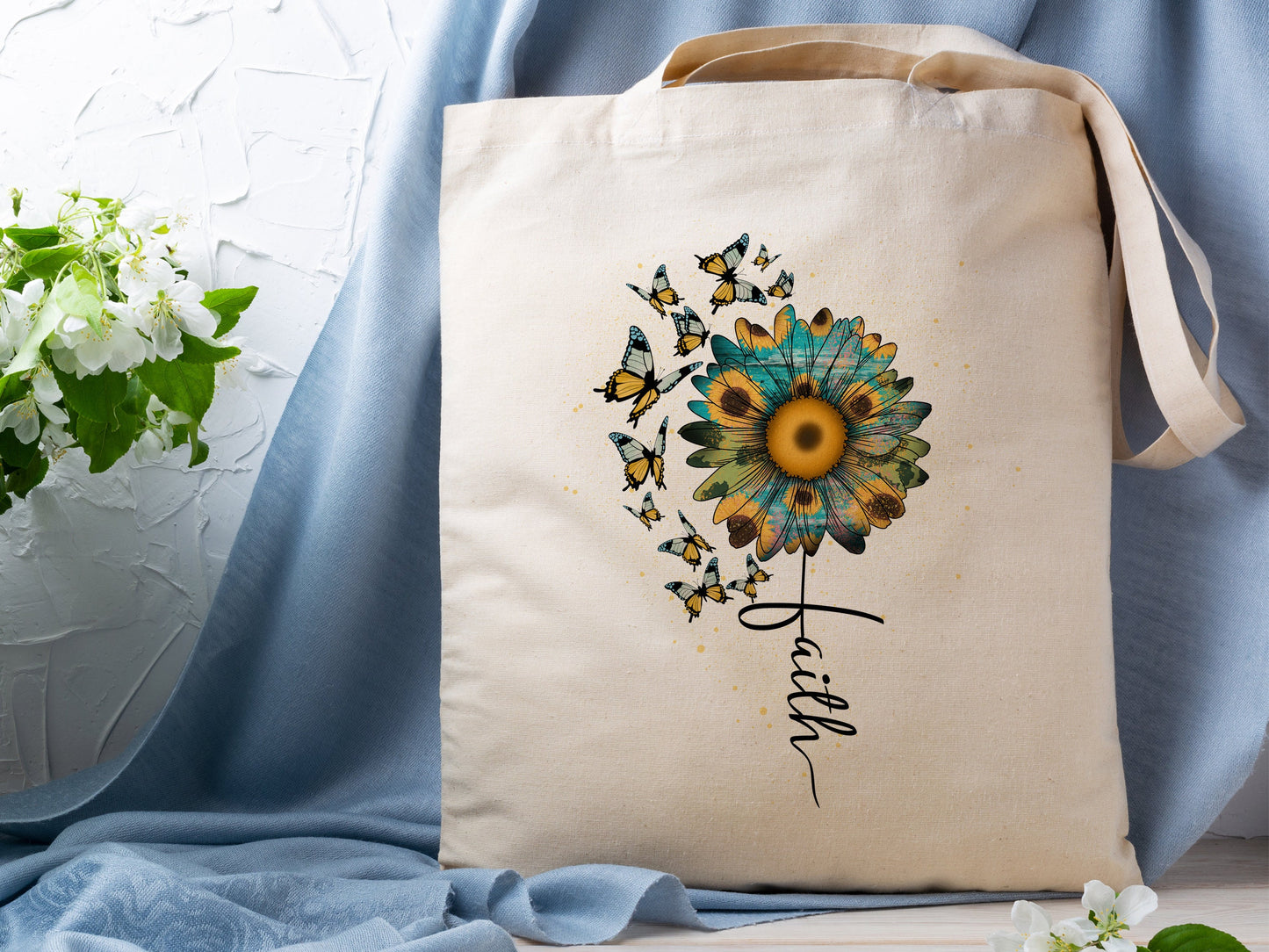 Spring Sunflower and Butterfly Cotton Canvas Tote Bag Spring Butterflies Cotton Canvas Tote Bags