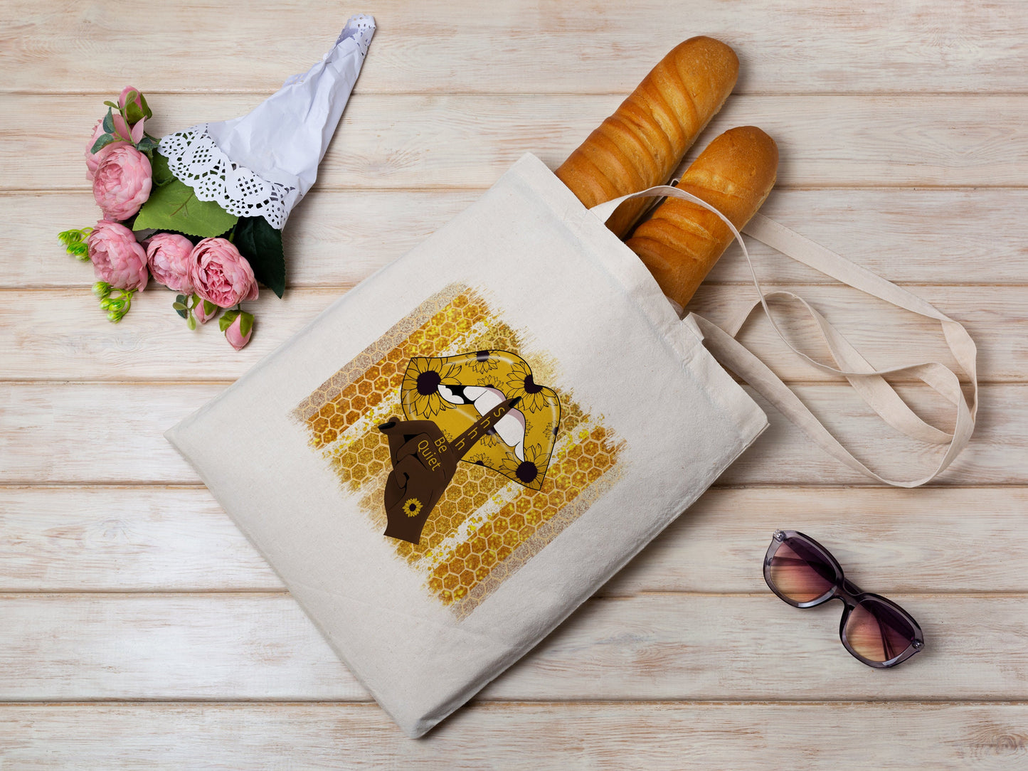 Bee Honeycomb and Lips Cotton Canvas Tote Bag Bee Honeycomb and Lips Cotton Canvas Tote Bags
