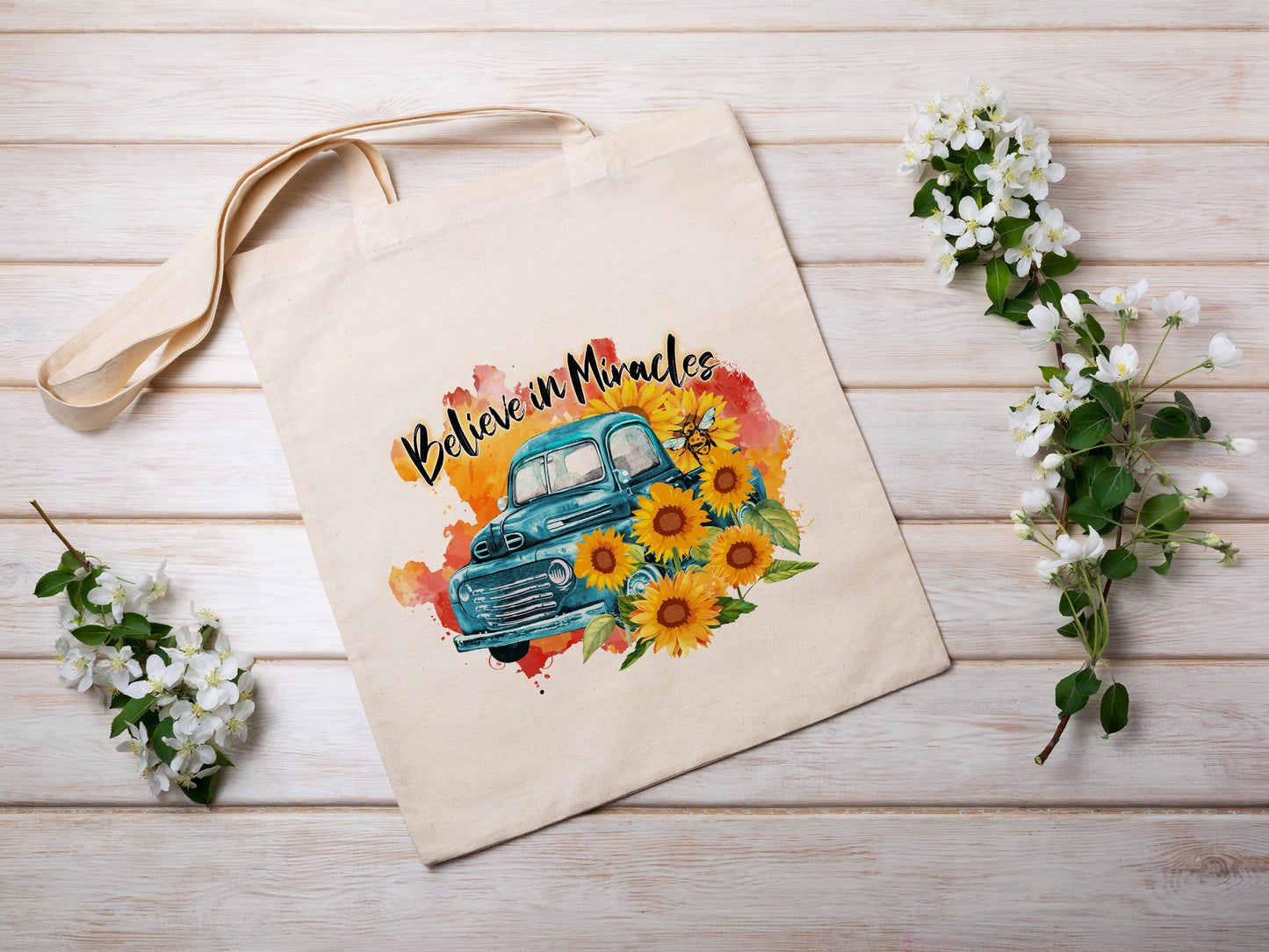Believe in Miracles Tote Bag Spring Sunflower Cotton Canvas Tote Bag