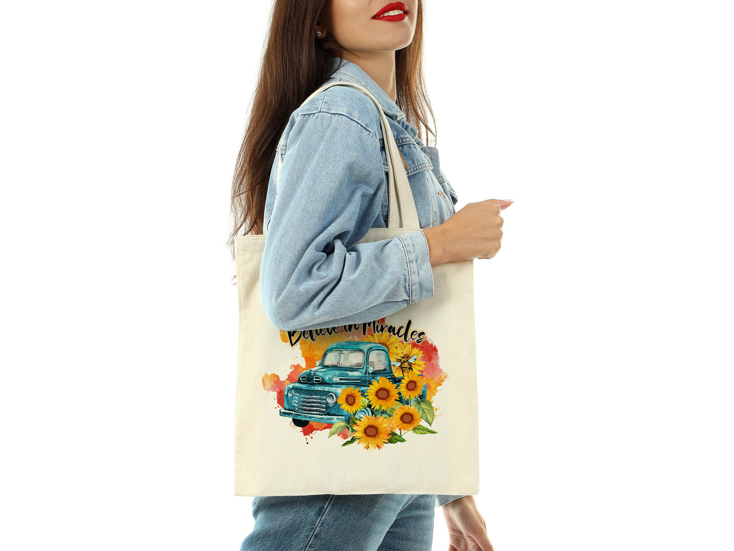 Believe in Miracles Tote Bag Spring Sunflower Cotton Canvas Tote Bag