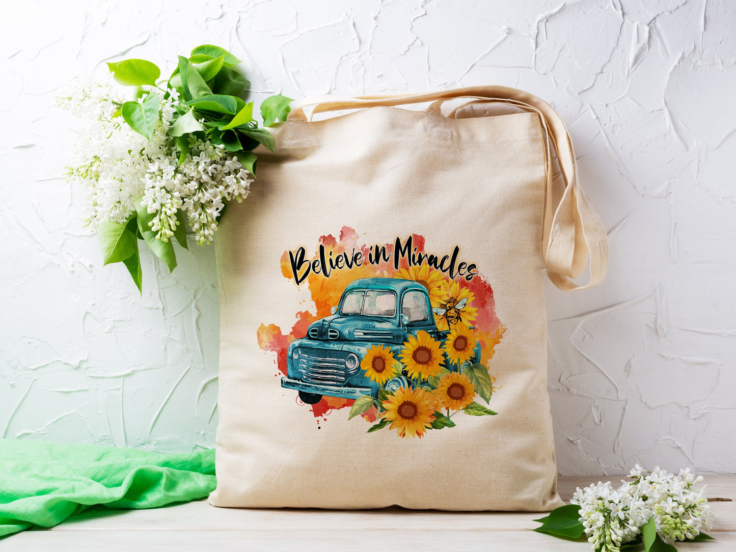 Believe in Miracles Tote Bag Spring Sunflower Cotton Canvas Tote Bag