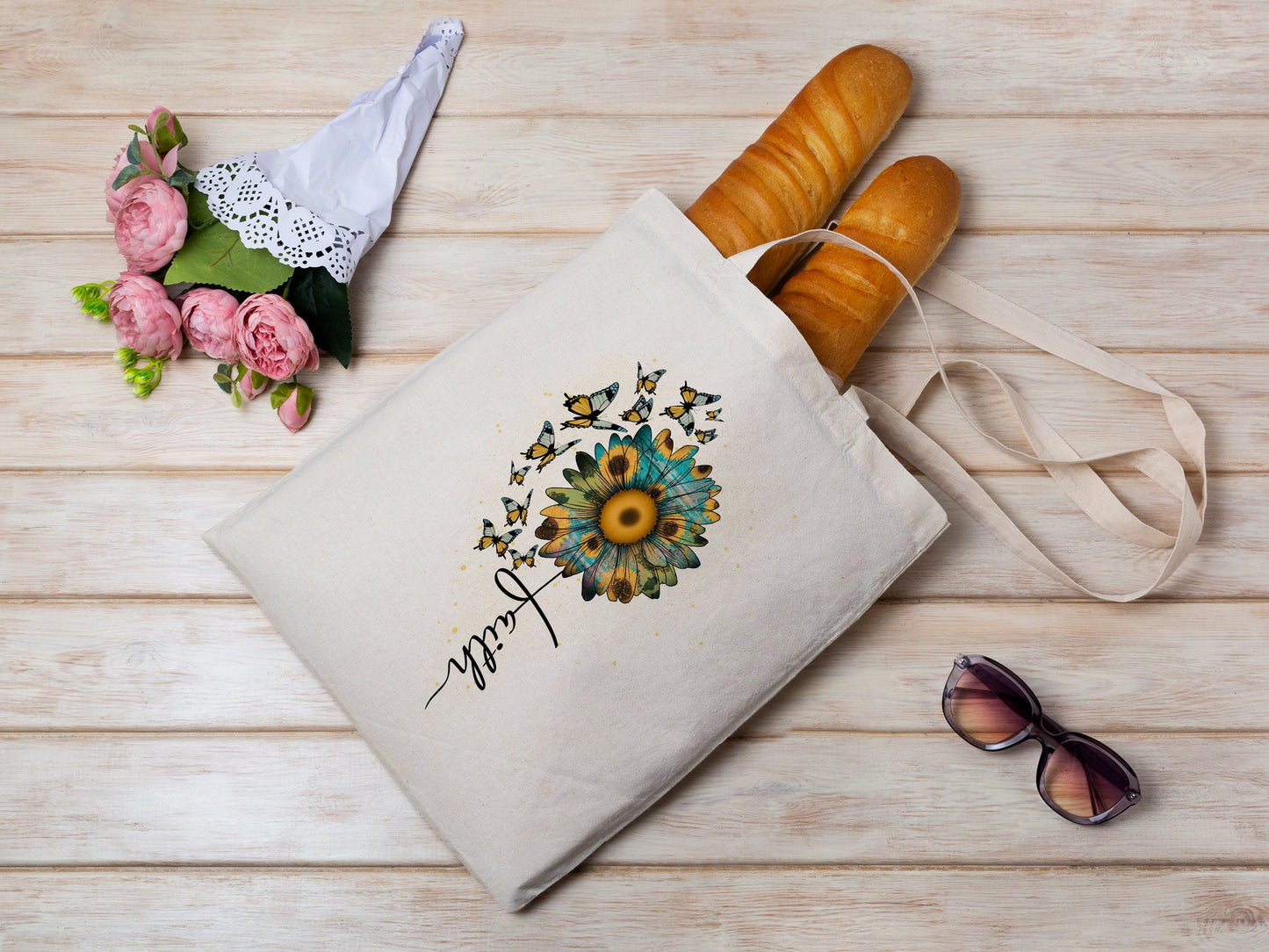 Spring Sunflower and Butterfly Cotton Canvas Tote Bag Spring Butterflies Cotton Canvas Tote Bags
