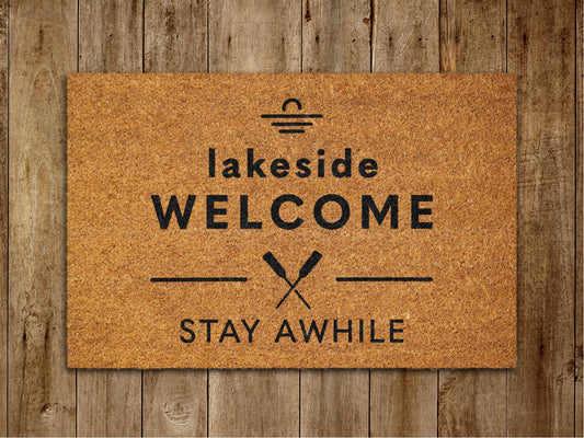 Lakeside Welcome Stay Awhile Door Mat, On Lake Lake Welcome Coir Door Mats, Funny Doormat, Welcome Outdoor Mat