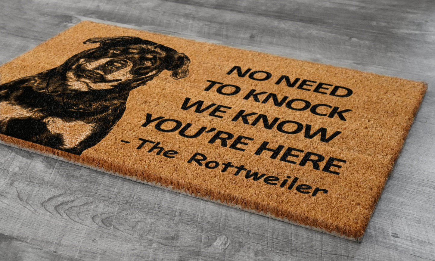 The Rottweiler Door Mat, Rottweiler We Know You ARE Here Rottweiler Dogs Door Mats, Funny Rottweiler Doormat, Welcome Mats