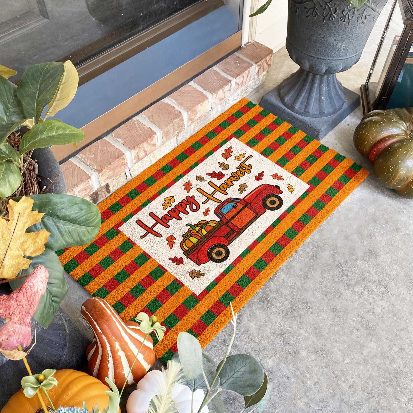Fall Happy Harvest Plaid Mat, Coir Door Mat, Welcome Mat, Front Door Mat, Outdoor Mats, Funny Doormat, Plaid Fall Welcome Mats, Coir Mats