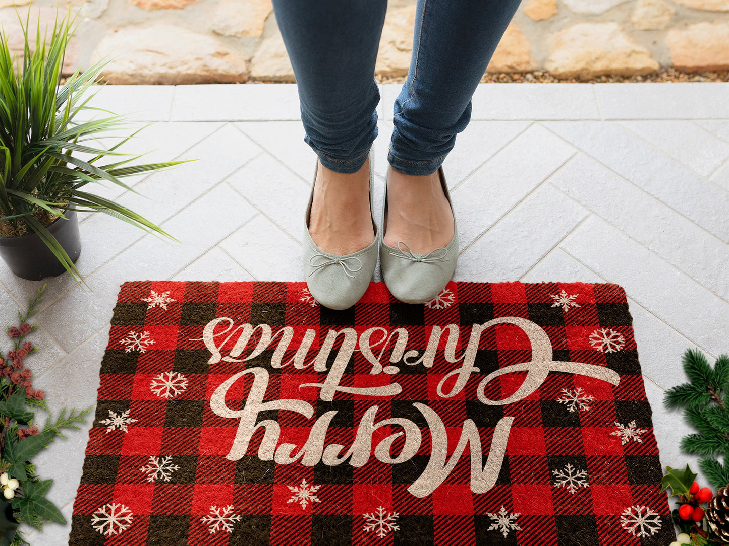 Christmas Merry Christmas, Christmas Snow and Plaid Coir Door Mat, Front Door Mat, Outdoor Mats, Funny Doormat, Welcome Mats, Coir Mats