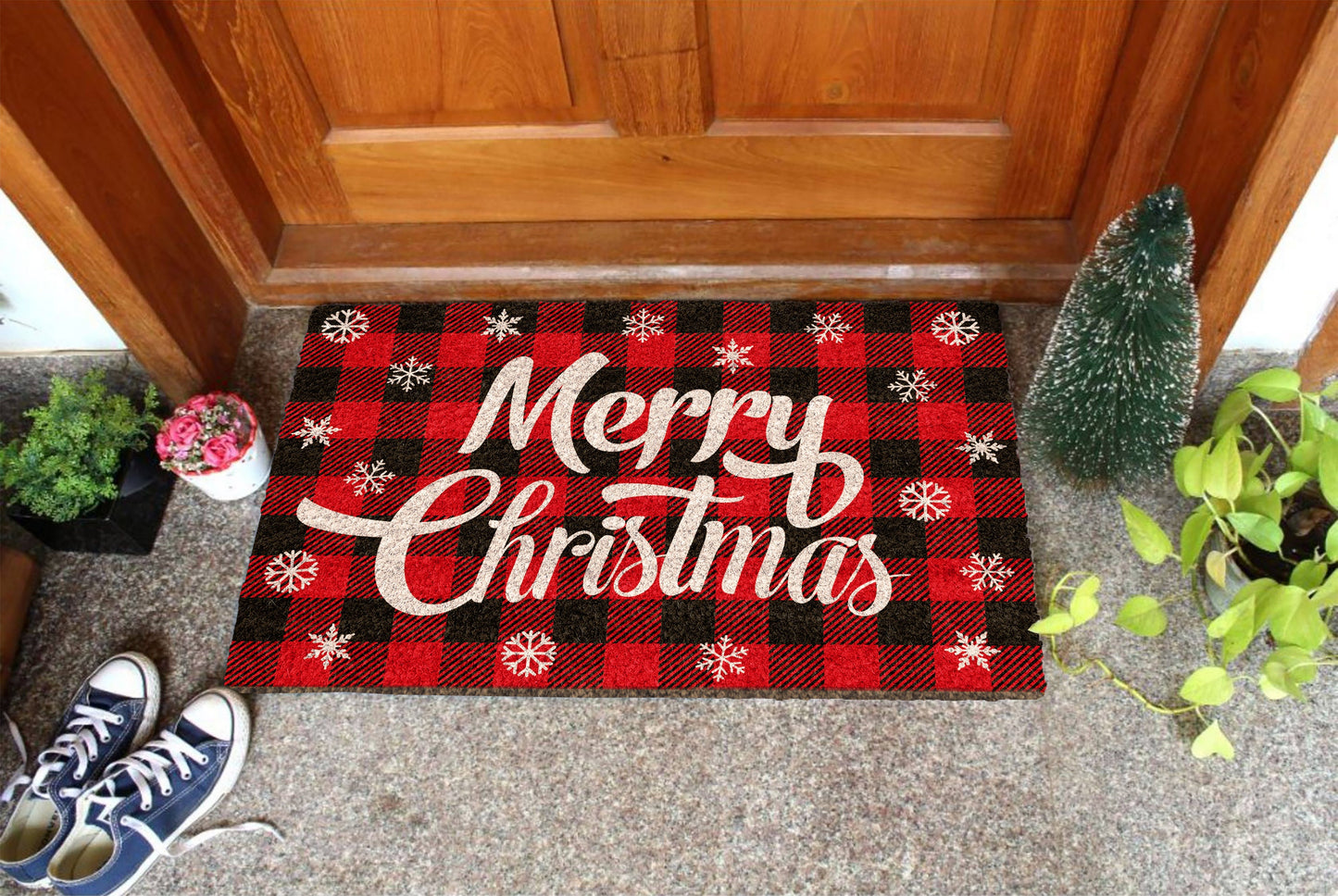 Christmas Merry Christmas, Christmas Snow and Plaid Coir Door Mat, Front Door Mat, Outdoor Mats, Funny Doormat, Welcome Mats, Coir Mats