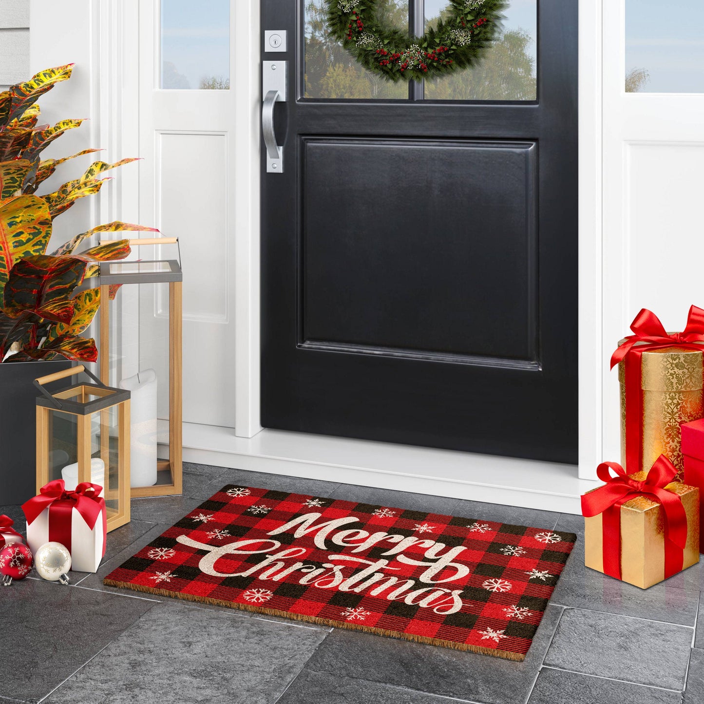Christmas Merry Christmas, Christmas Snow and Plaid Coir Door Mat, Front Door Mat, Outdoor Mats, Funny Doormat, Welcome Mats, Coir Mats