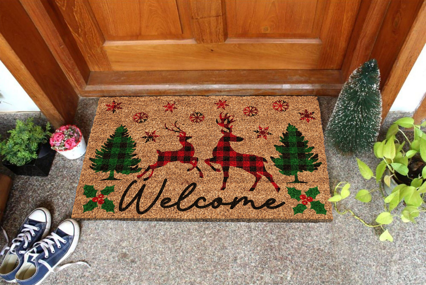 Christmas Welcome Reindeers, Christmas Snow Coir Door Mat, Front Door Mat, Outdoor Mats, Funny Doormat, Welcome Mats, Coir Mats