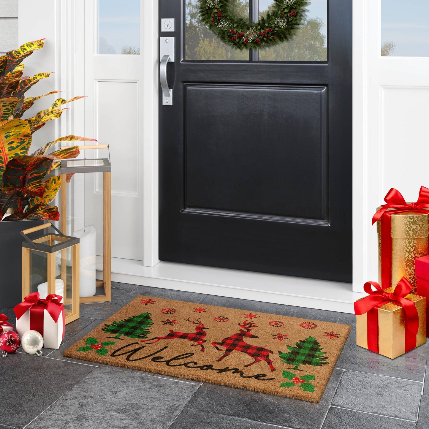 Christmas Welcome Reindeers, Christmas Snow Coir Door Mat, Front Door Mat, Outdoor Mats, Funny Doormat, Welcome Mats, Coir Mats