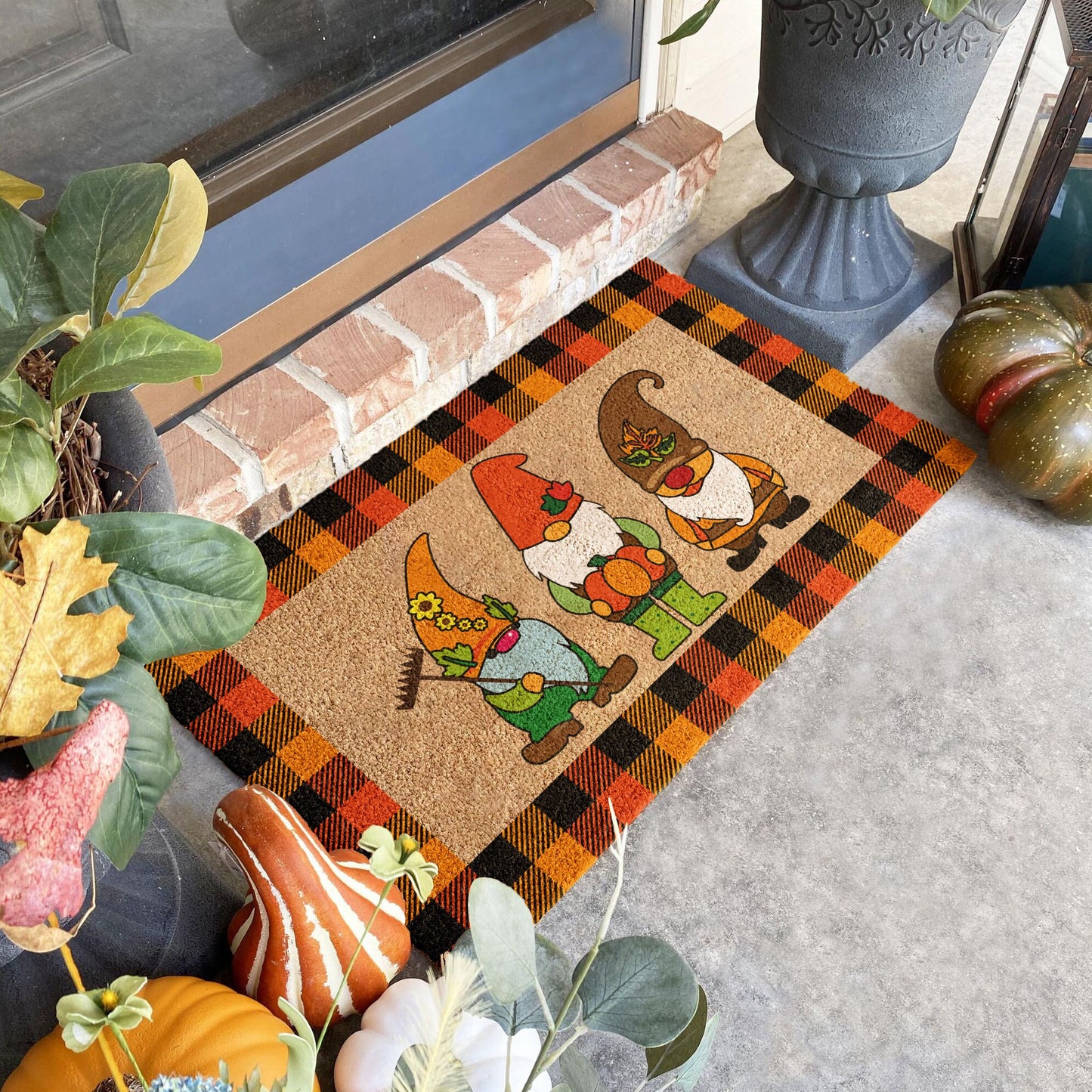 Fall Gnomes Plaid Frame, Coir Door Mat, Welcome Mat, Front Door Mat, Outdoor Mats, Funny Doormat, Fall Welcome Mats, Coir Mats