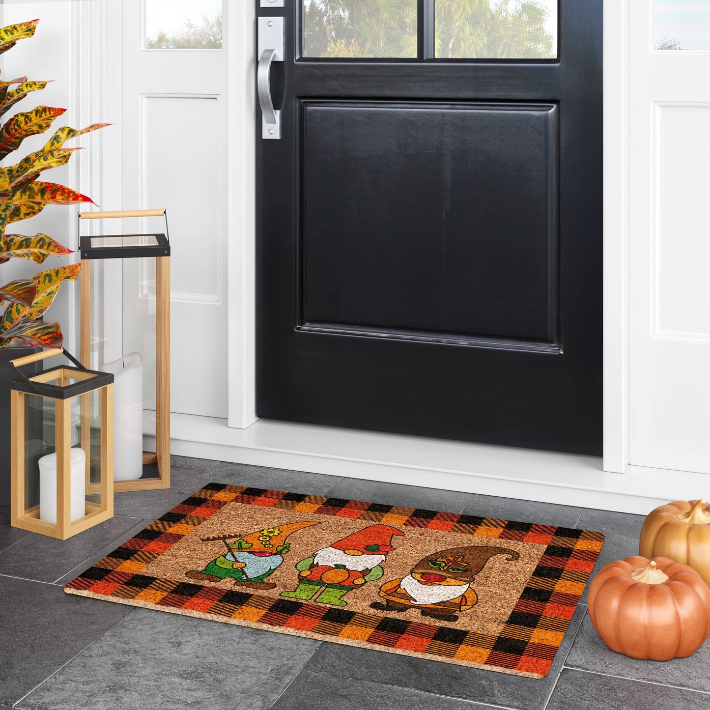 Fall Gnomes Plaid Frame, Coir Door Mat, Welcome Mat, Front Door Mat, Outdoor Mats, Funny Doormat, Fall Welcome Mats, Coir Mats