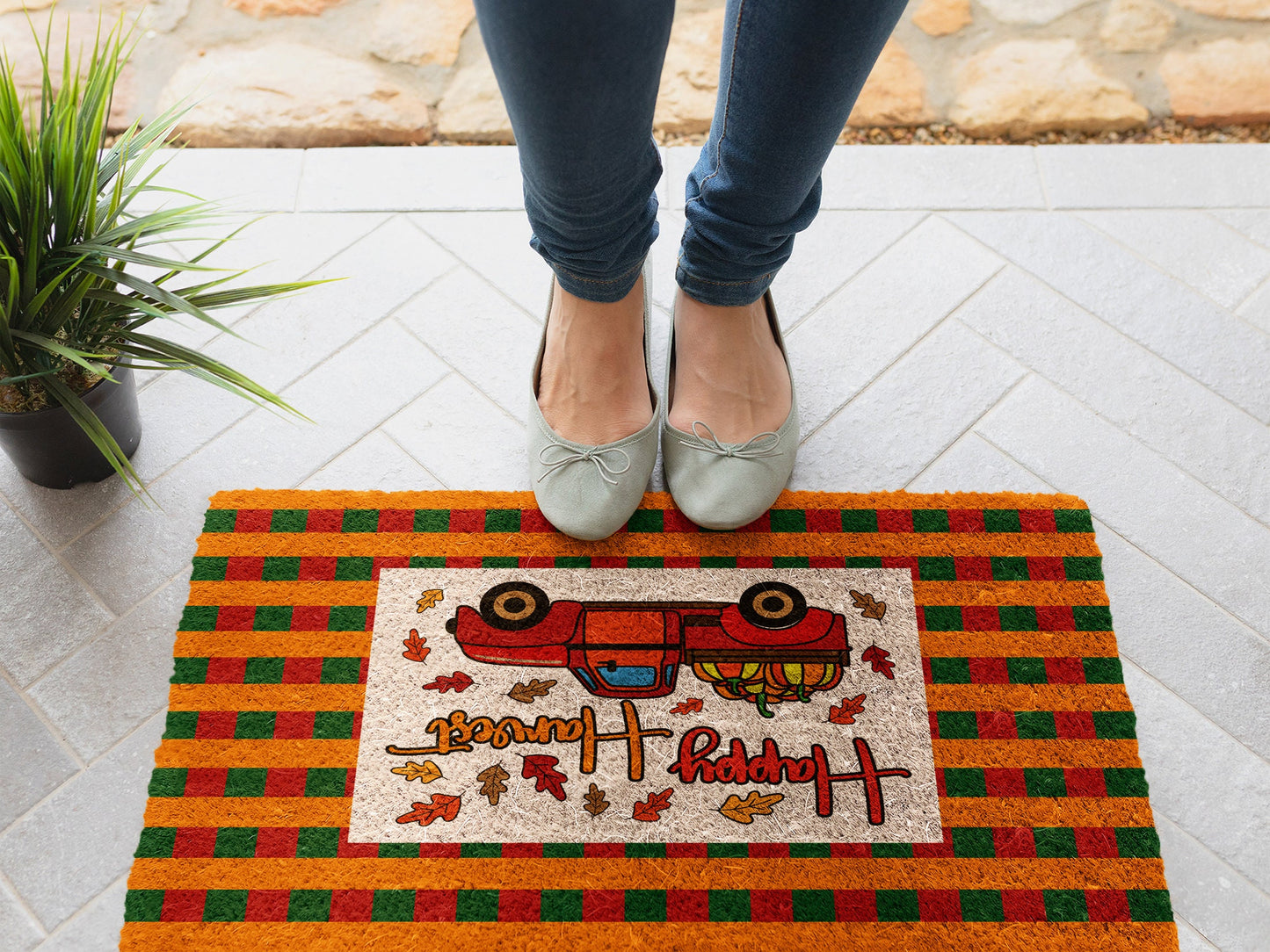 Fall Happy Harvest Plaid Mat, Coir Door Mat, Welcome Mat, Front Door Mat, Outdoor Mats, Funny Doormat, Plaid Fall Welcome Mats, Coir Mats