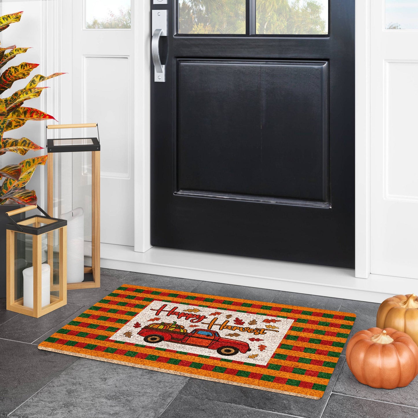 Fall Happy Harvest Plaid Mat, Coir Door Mat, Welcome Mat, Front Door Mat, Outdoor Mats, Funny Doormat, Plaid Fall Welcome Mats, Coir Mats