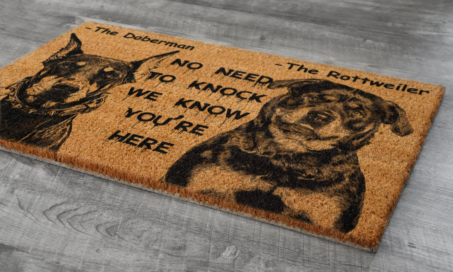 The Rottweiler Door Mat and The Doberman, We Know You ARE Here Rottweiler Dog Door Mats, Funny Doberman Doormat, Welcome Mats