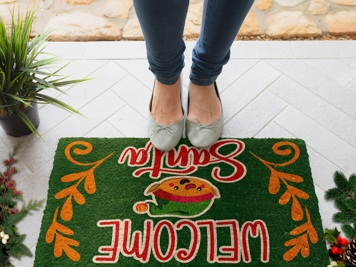 Christmas Welcome Santa Elf, Christmas Snow Coir Door Mat, Front Door Mat, Outdoor Mats, Funny Doormat, Welcome Mats, Coir Mats