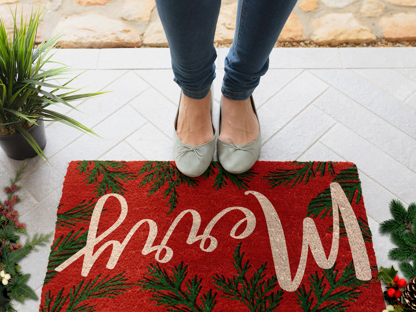 Christmas Merry Pine Leafs, Christmas Snow Coir Door Mat, Front Door Mat, Outdoor Mats, Funny Doormat, Welcome Mats, Coir Mats