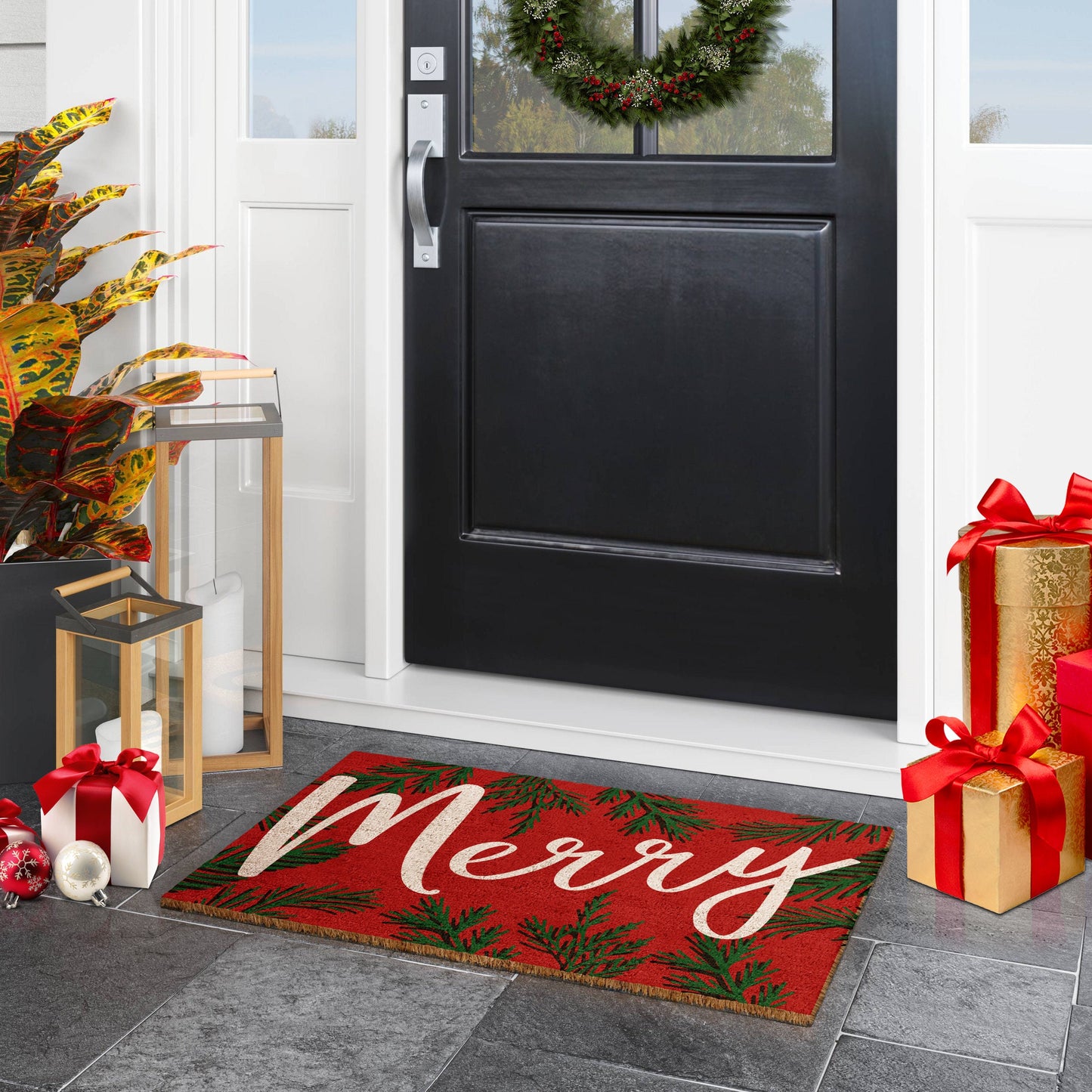 Christmas Merry Pine Leafs, Christmas Snow Coir Door Mat, Front Door Mat, Outdoor Mats, Funny Doormat, Welcome Mats, Coir Mats