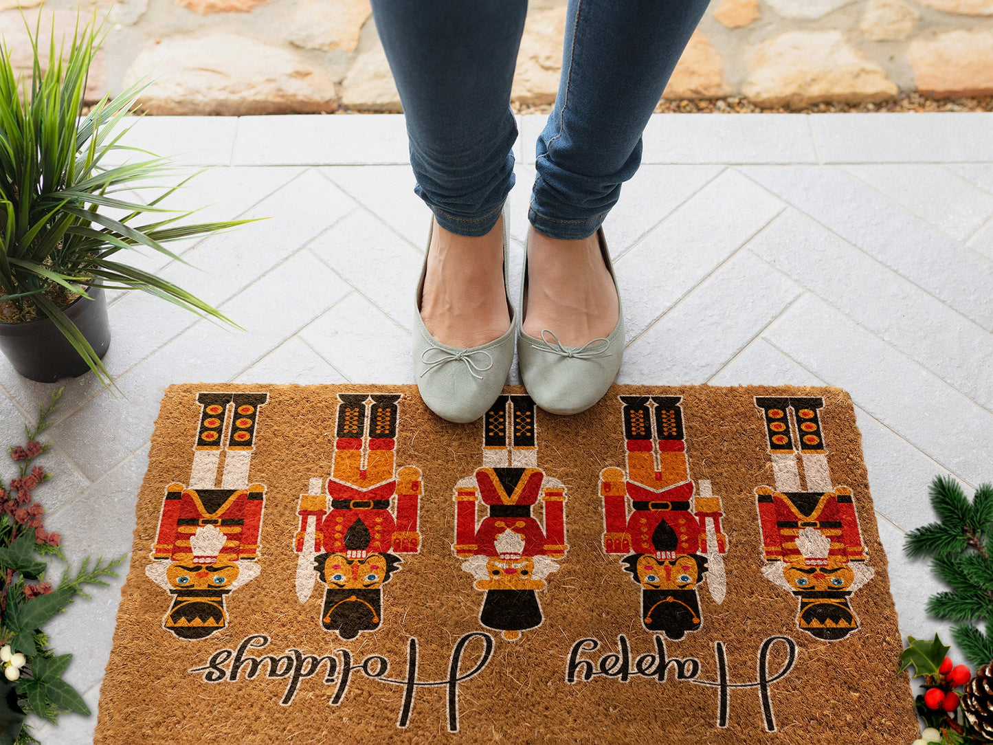 Happy Holidays Nutcracker, Christmas Snow Coir Door Mat, Front Door Mat, Outdoor Mats, Funny Doormat, Welcome Mats, Coir Mats