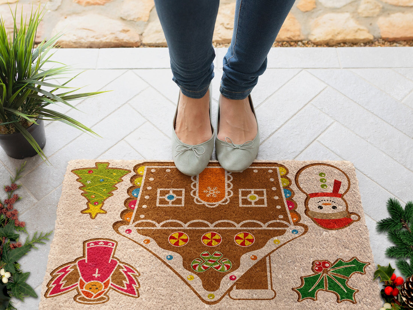 Christmas Gingerbreads, Christmas Snow Coir Door Mat, Front Door Mat, Outdoor Mats, Funny Doormat, Welcome Mats, Coir Mats