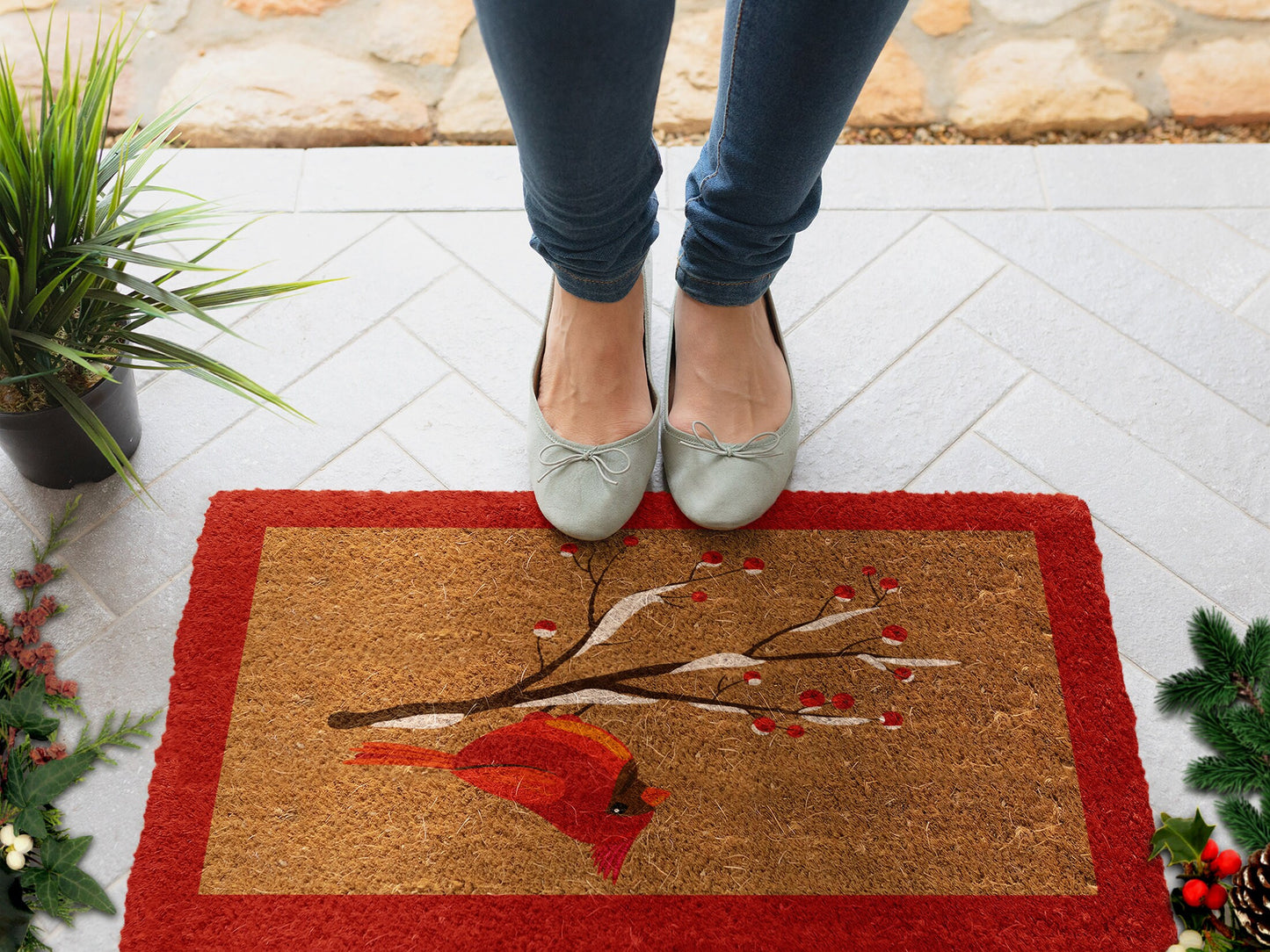 Christmas Cardinal Bird, Christmas Snow Coir Door Mat, Front Door Mat, Outdoor Mats, Funny Doormat, Welcome Mats, Coir Mats