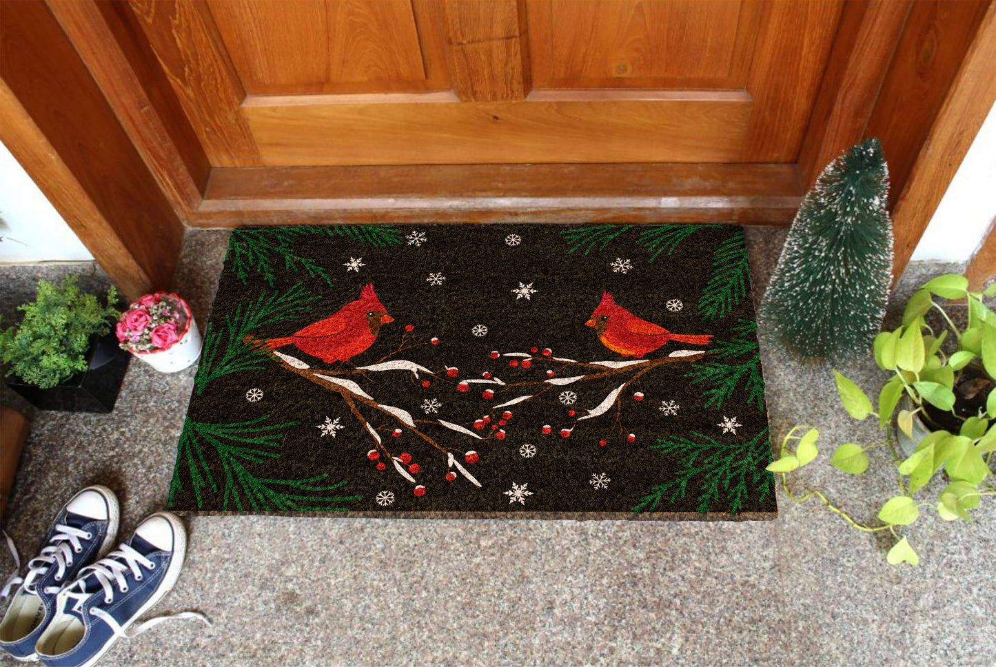Christmas Cardinal Birds, Christmas Snow Dark Night Coir Door Mat, Front Door Mat, Outdoor Mats, Funny Doormat, Welcome Mats, Coir Mats