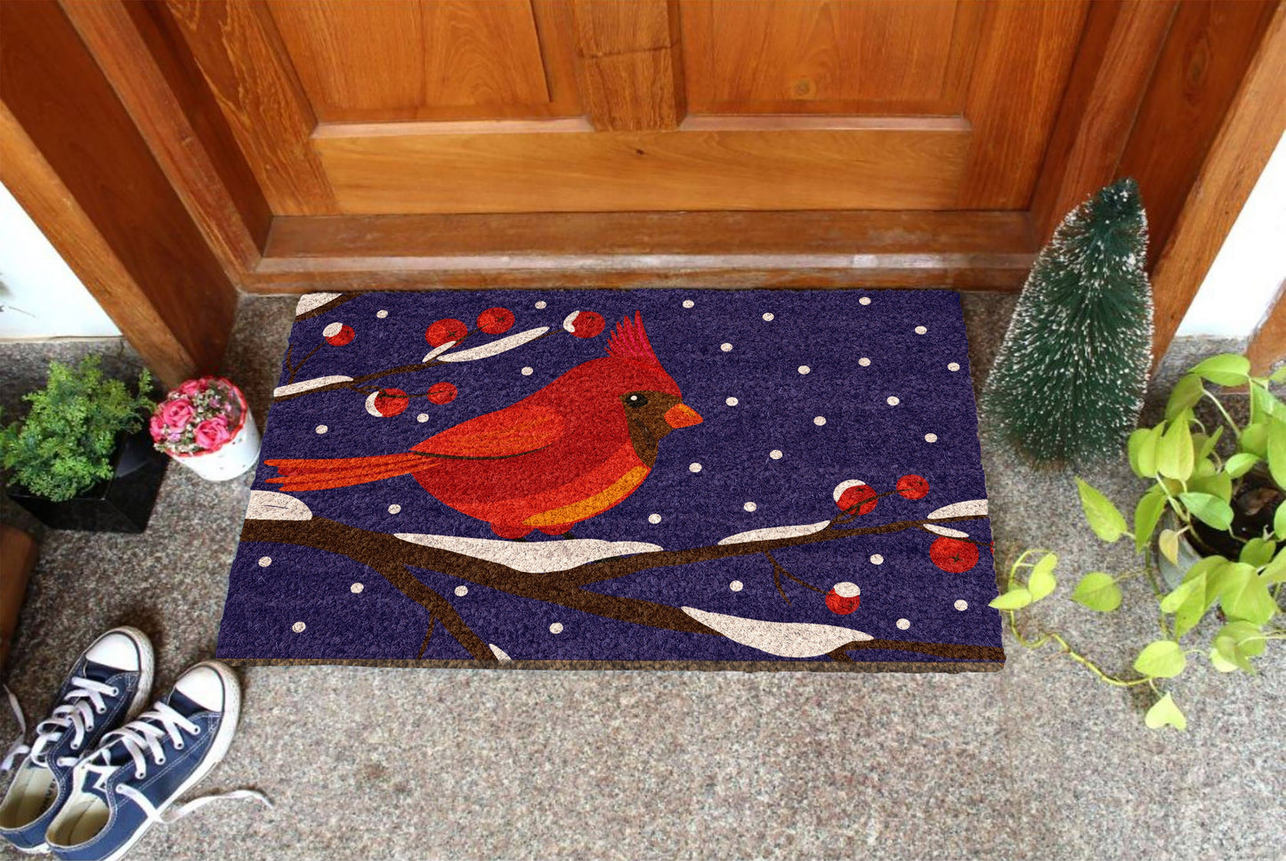 Christmas Cardinal Bird Night, Christmas Snow Coir Door Mat, Front Door Mat, Outdoor Mats, Funny Doormat, Welcome Mats, Coir Mats s-1089-CH