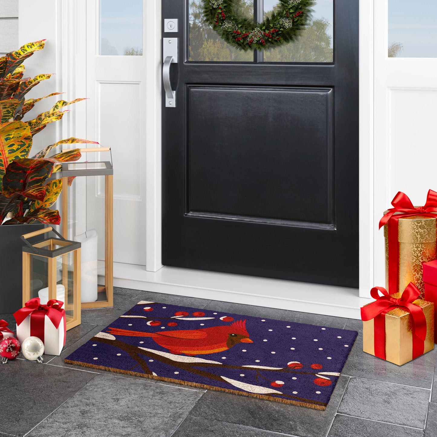 Christmas Cardinal Bird Night, Christmas Snow Coir Door Mat, Front Door Mat, Outdoor Mats, Funny Doormat, Welcome Mats, Coir Mats s-1089-CH