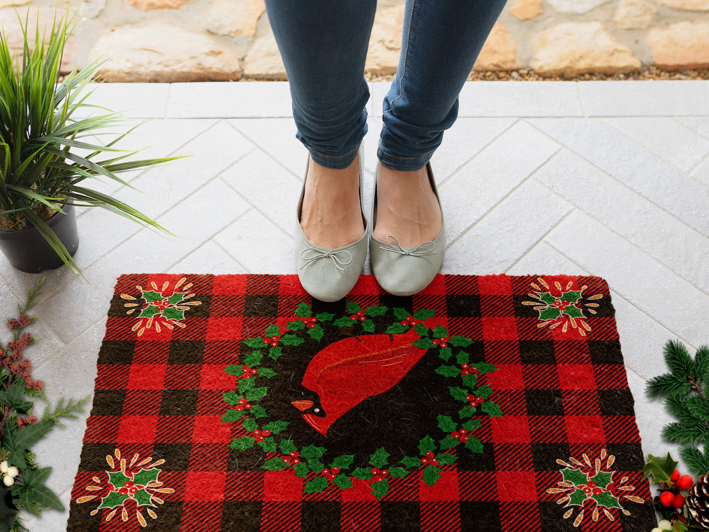 Christmas Cardinal Bird, Christmas Snow Coir Door Mat, Front Door Mat, Outdoor Mats, Funny Doormat, Welcome Mats, Coir Mats
