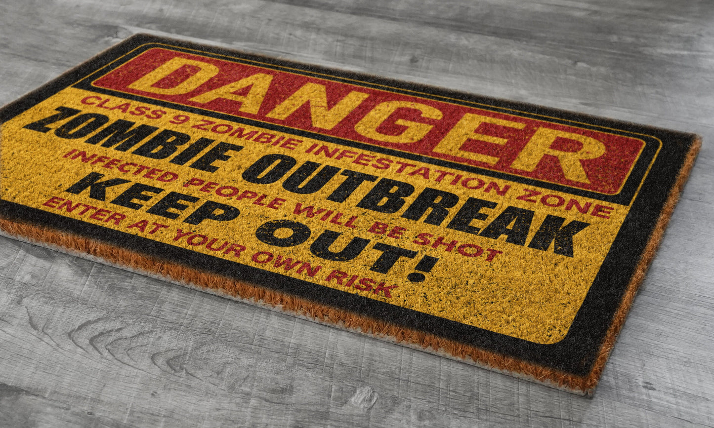 Halloween Danger Zombie Outbreak Coir Door Mat, Welcome Halloween Mat, Front Door Mat, Outdoor Mats, Funny Doormat, Halloween Decor Mat