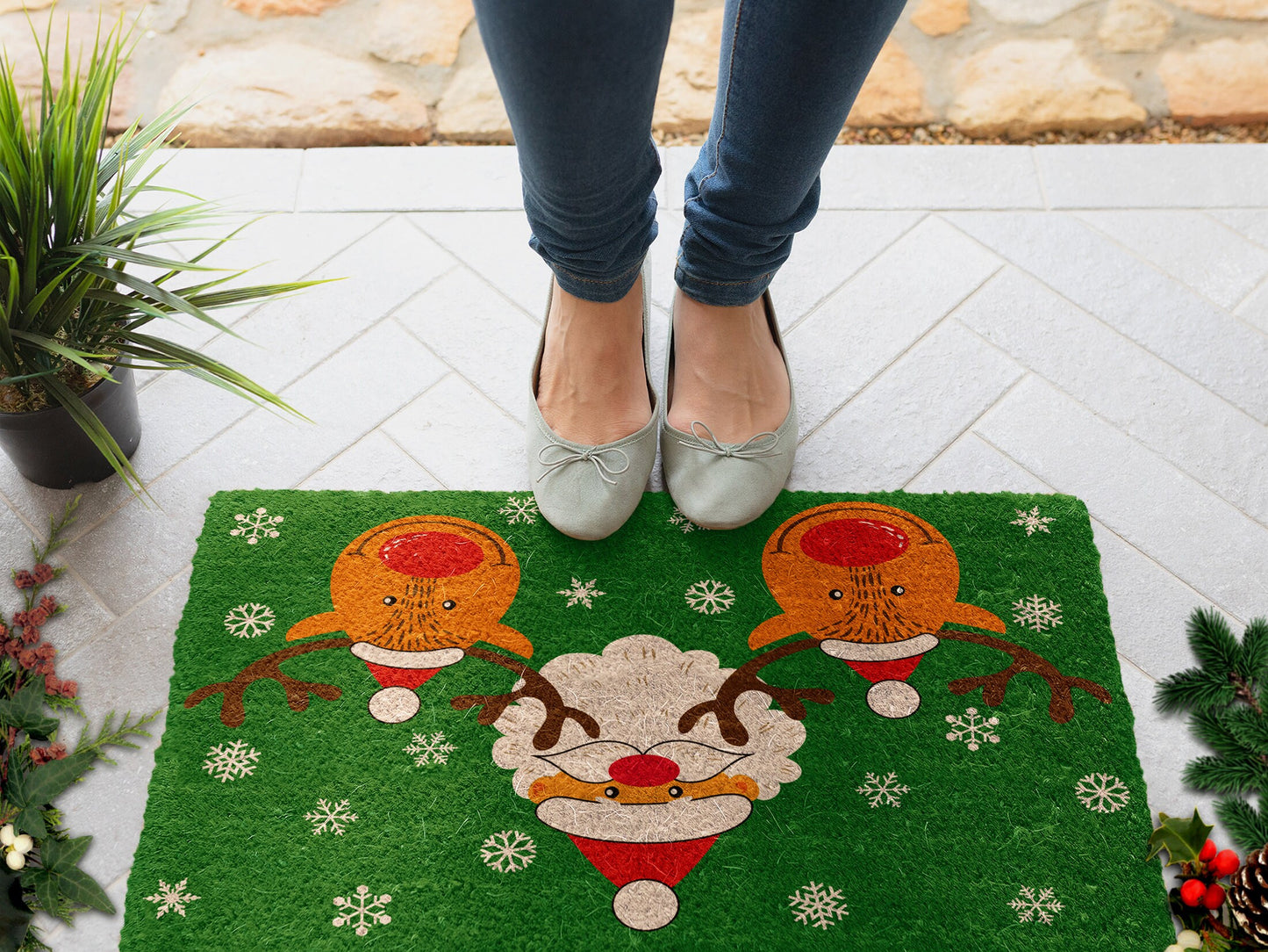 Christmas Santa and Reindeer, Christmas Snow Coir Door Mat, Front Door Mat, Outdoor Mats, Funny Doormat, Welcome Mats, Coir Mats