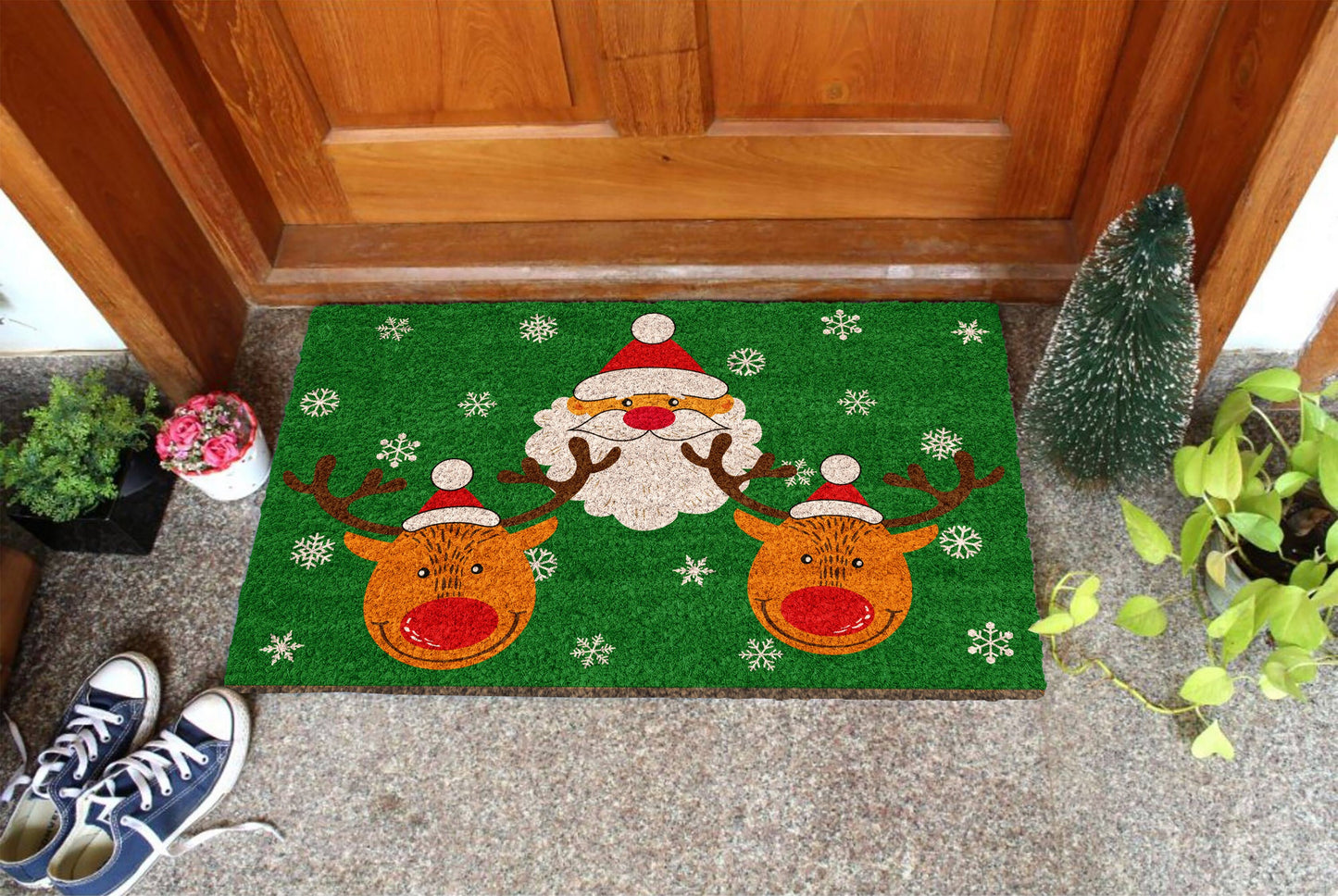 Christmas Santa and Reindeer, Christmas Snow Coir Door Mat, Front Door Mat, Outdoor Mats, Funny Doormat, Welcome Mats, Coir Mats