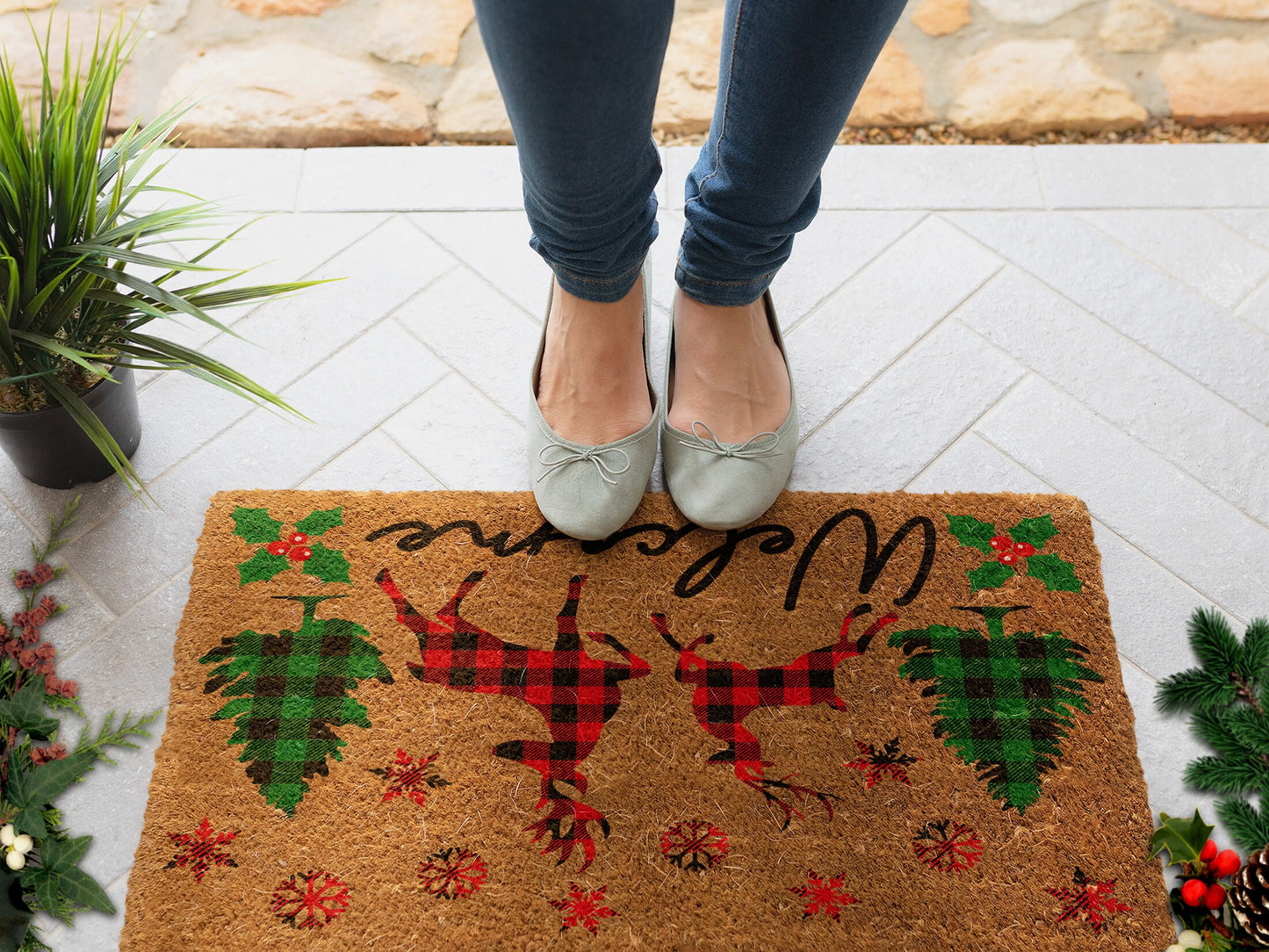 Christmas Welcome Reindeers, Christmas Snow Coir Door Mat, Front Door Mat, Outdoor Mats, Funny Doormat, Welcome Mats, Coir Mats