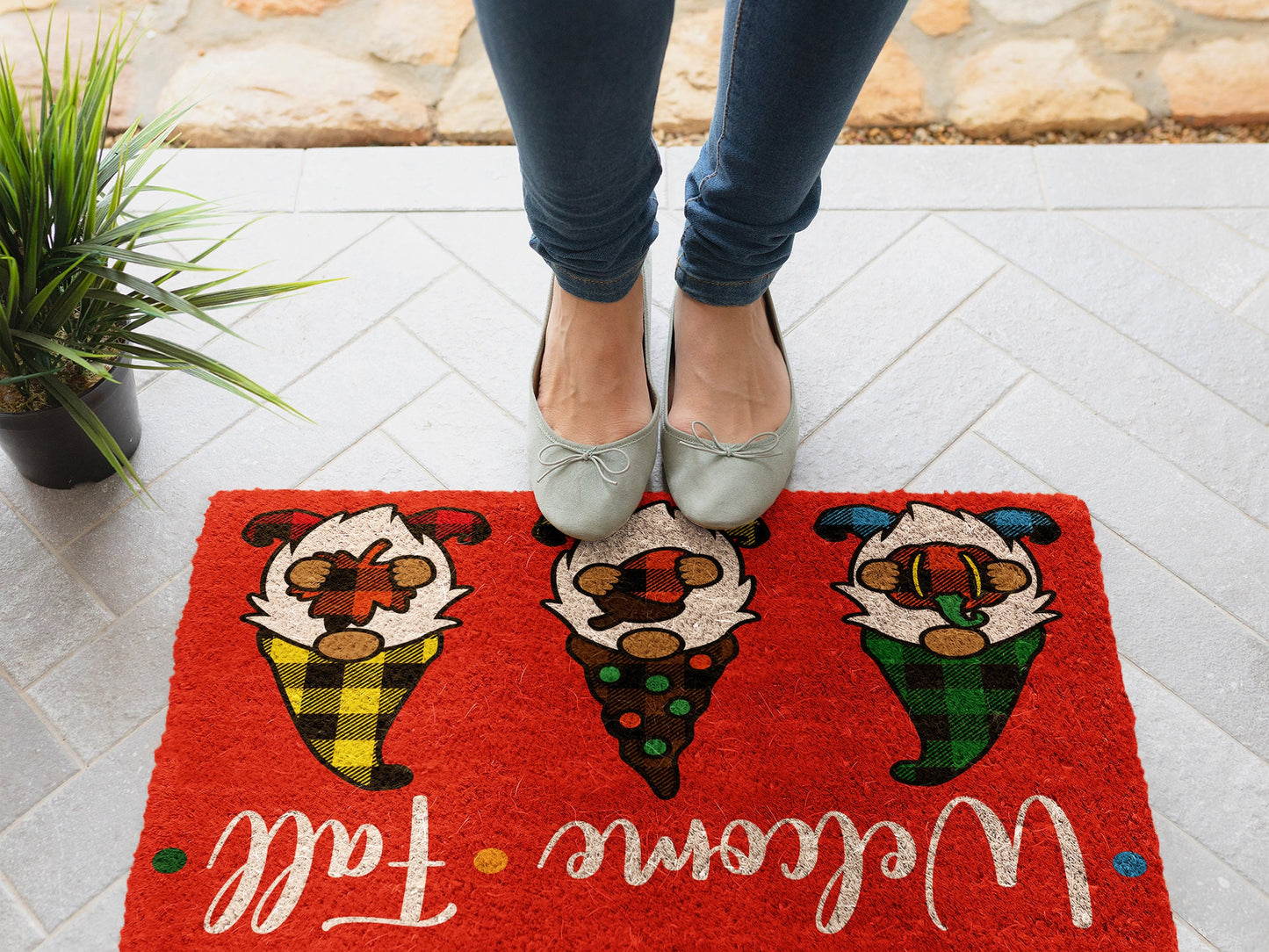 Fall Welcome Fall Gnomes Red Coir Door Mat, Welcome Mat, Front Door Mat, Outdoor Mats, Funny Doormat, Fall Welcome Mats, Coir Mats