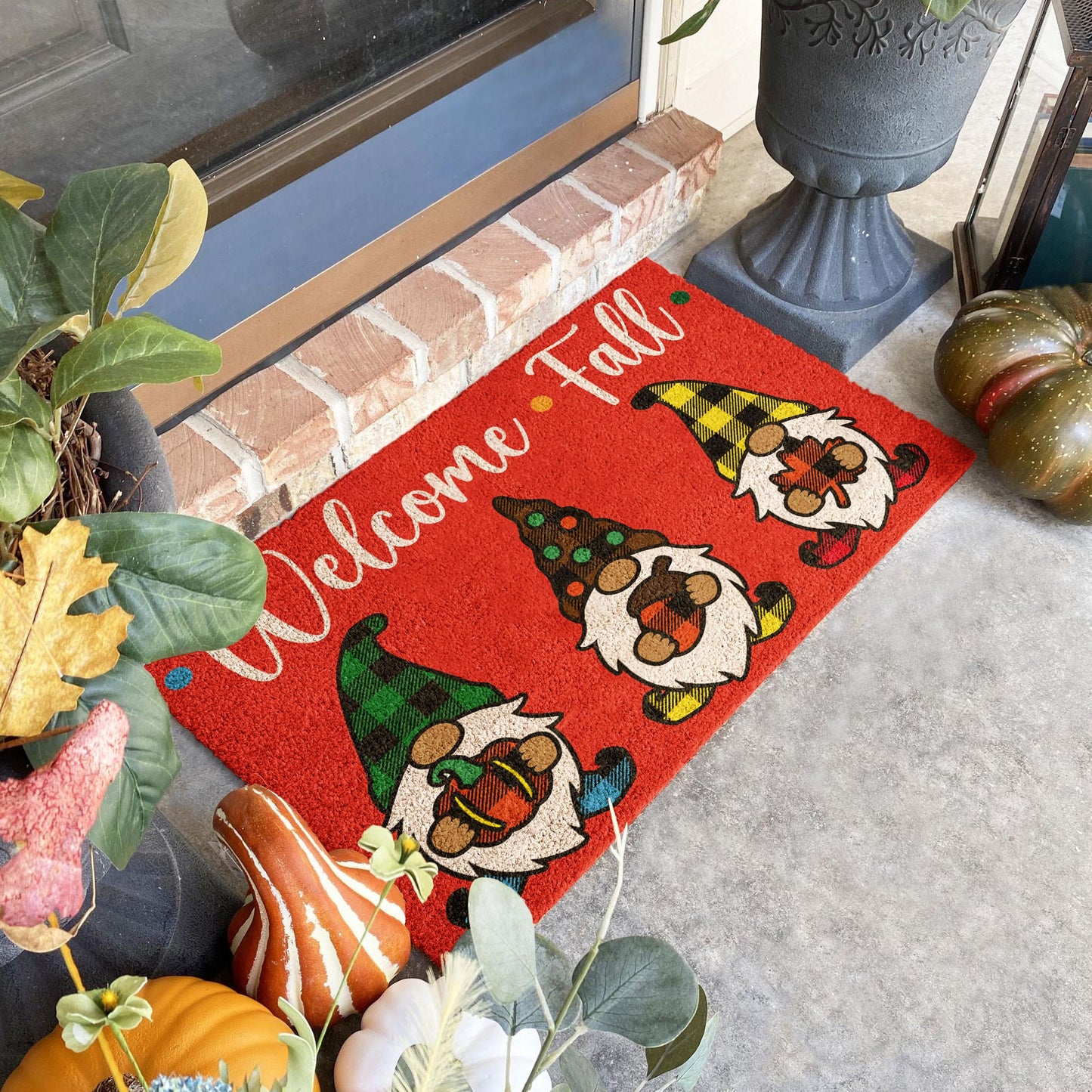 Fall Welcome Fall Gnomes Red Coir Door Mat, Welcome Mat, Front Door Mat, Outdoor Mats, Funny Doormat, Fall Welcome Mats, Coir Mats