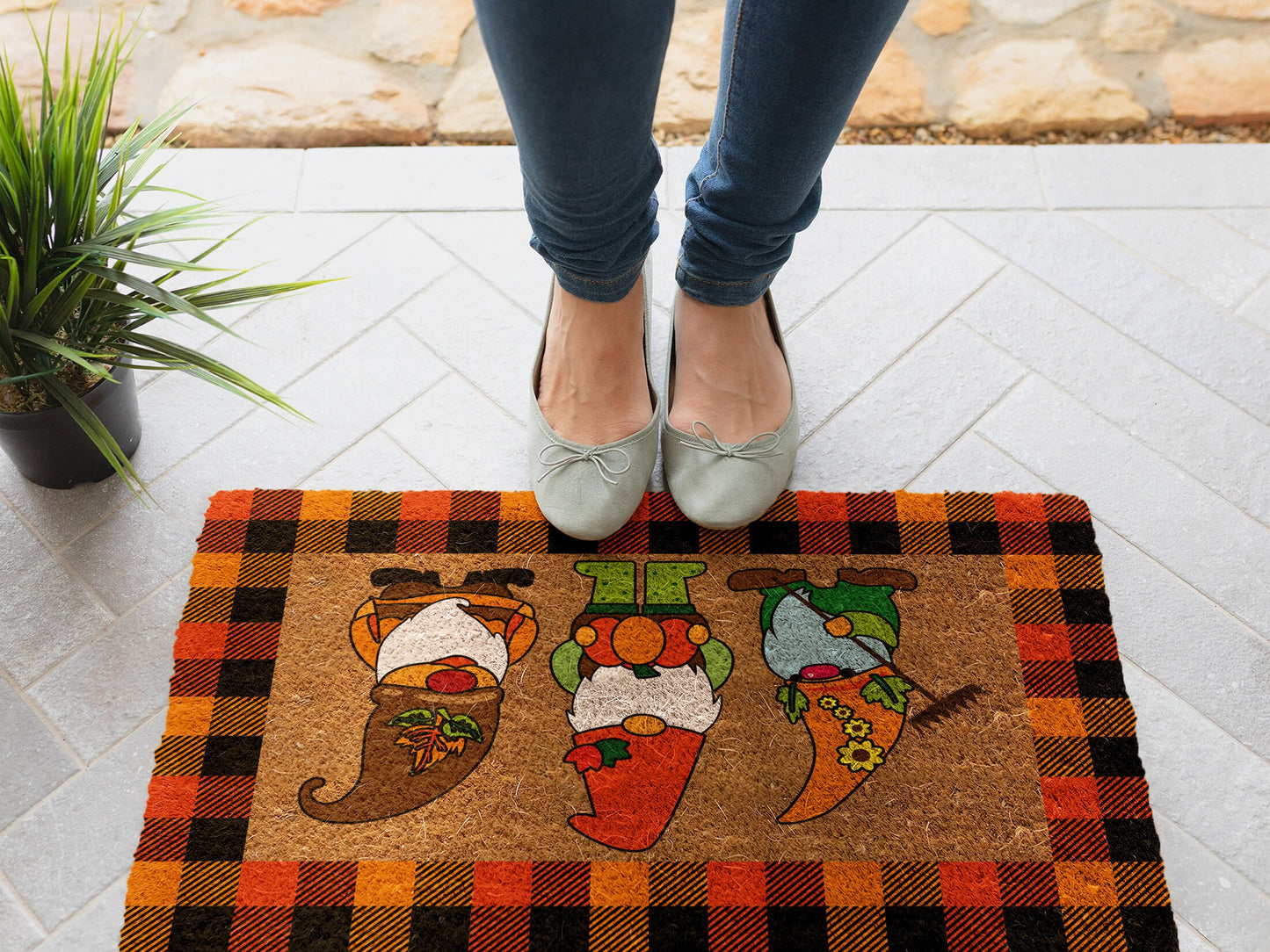 Fall Gnomes Plaid Frame, Coir Door Mat, Welcome Mat, Front Door Mat, Outdoor Mats, Funny Doormat, Fall Welcome Mats, Coir Mats