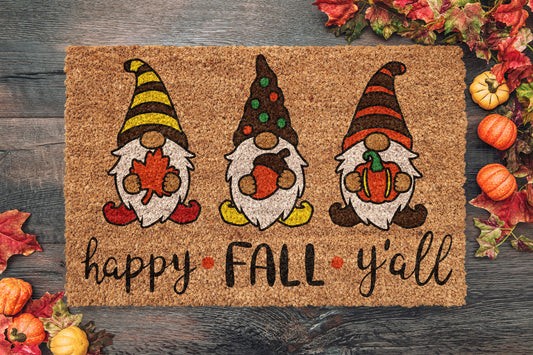 Happy Fall Y'all, Gnome Coir Door Mat, Welcome Mat, Front Door Mat, Outdoor Mats, Funny Doormat, Fall Welcome Mats, Coir Mats