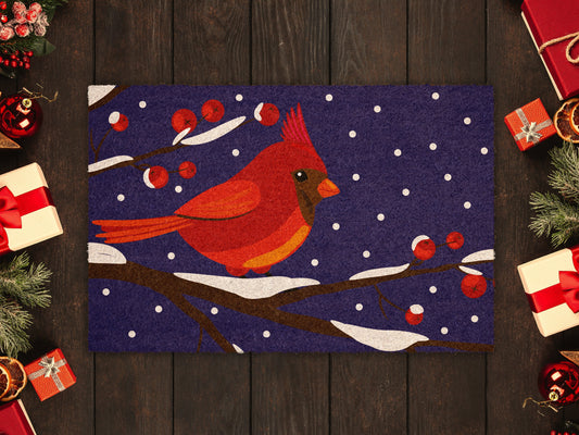 Christmas Cardinal Bird Night, Christmas Snow Coir Door Mat, Front Door Mat, Outdoor Mats, Funny Doormat, Welcome Mats, Coir Mats s-1089-CH
