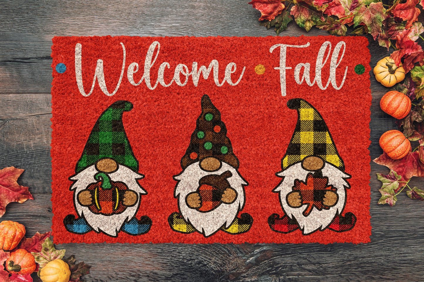 Fall Welcome Fall Gnomes Red Coir Door Mat, Welcome Mat, Front Door Mat, Outdoor Mats, Funny Doormat, Fall Welcome Mats, Coir Mats