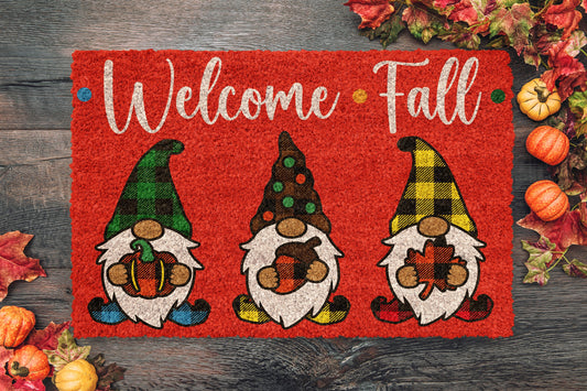 Fall Welcome Fall Gnomes Red Coir Door Mat, Welcome Mat, Front Door Mat, Outdoor Mats, Funny Doormat, Fall Welcome Mats, Coir Mats