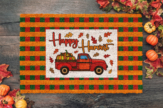 Fall Happy Harvest Plaid Mat, Coir Door Mat, Welcome Mat, Front Door Mat, Outdoor Mats, Funny Doormat, Plaid Fall Welcome Mats, Coir Mats