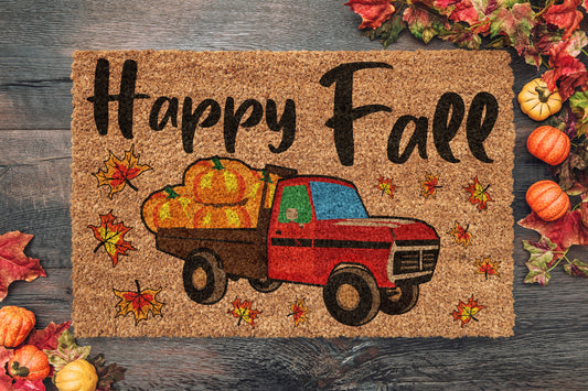 Happy Fall Truck, Pumpkins Truck Coir Door Mat, Welcome Mat, Front Door Mat, Outdoor Mats, Funny Doormat, Fall Welcome Mats, Coir Mats