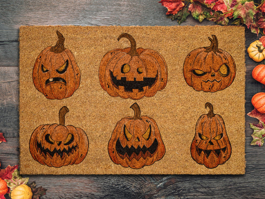 Happy Halloween Angry Pumpkins Coir Door Mat, Welcome Halloween Front Door Mat, Angry Pumpkins Mats Funny Doormat, Halloween Decor Mat