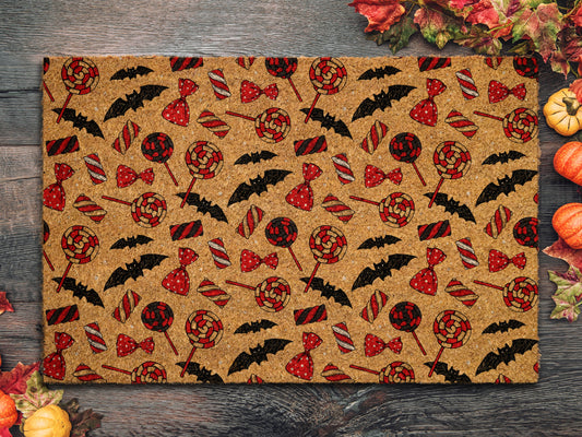 Happy Halloween Candy Bats Pattern Door Mat, Welcome Halloween Door Mat, Cute Candy Bats Outdoor Mats Funny Doormat, Halloween Decor Mat